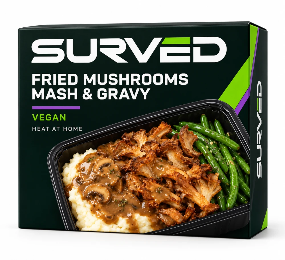 SURVED fried mushrooms, mash and gravy boxed meal